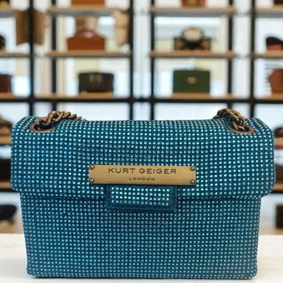 Kurt Geiger London Brixton Mini Plate Rhinestone Crossbody Bag TurquoiseAqua NWT - Picture 1 of 16